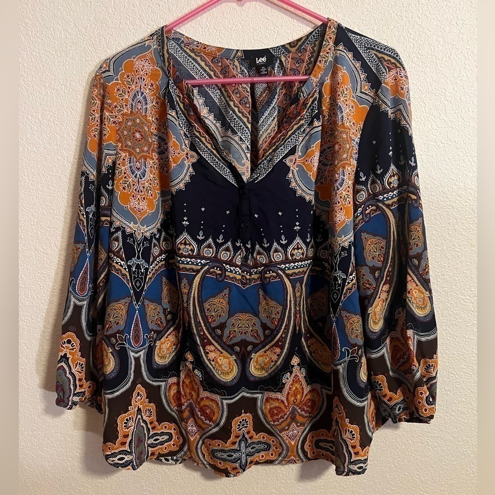 Blue and Orange Lee Paisley Blouse Size XL